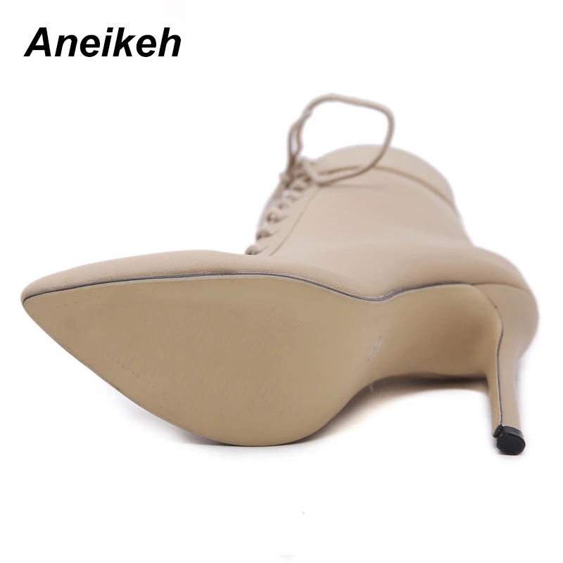 Aneikeh/новые женские модные ботинки из эластичной ткани женские пикантные ботинки «Челси» на высоком каблуке с острым носком и перекрестными ремешками на шнуровке Обувь для ночного клуба