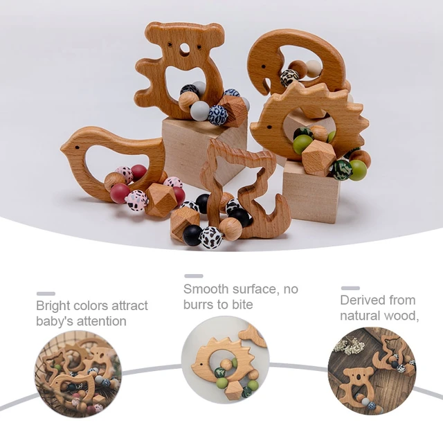 Baby Nursing Bracelets Olive Oil Animal Wooden Teether Silicone Beads Teething Baby Rattle Stroller Accessories Toy Baby Product 2