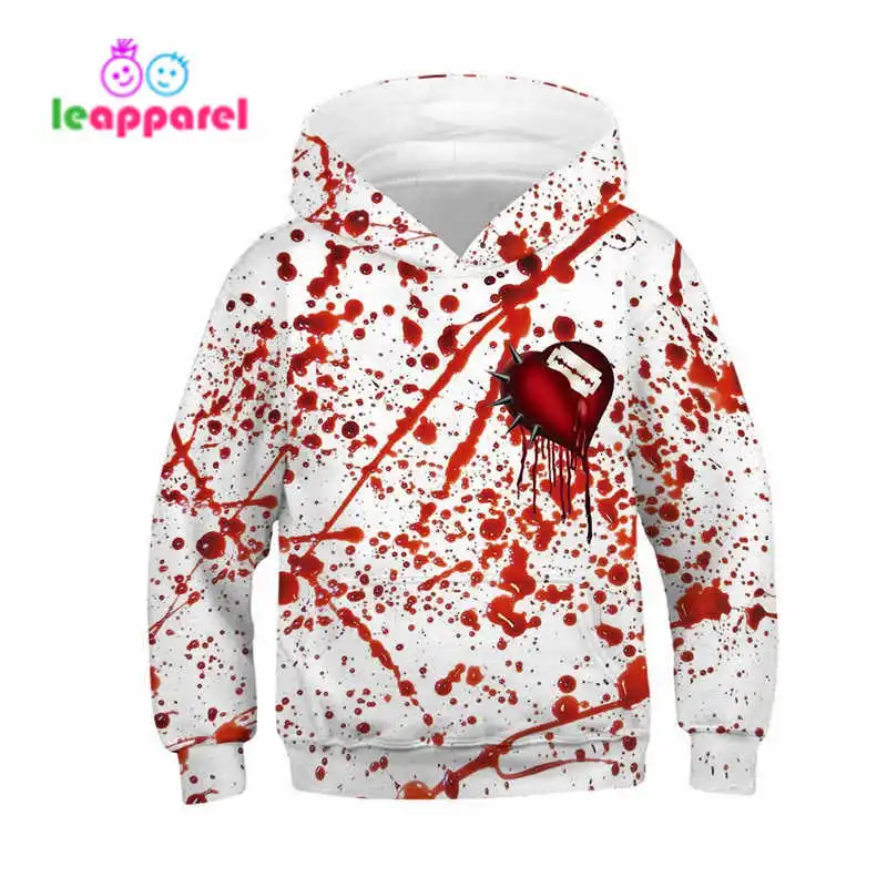 LEAPPAREL/Коллекция года; толстовки для девочек и мальчиков на Хеллоуин; толстовка с объемным принтом сердца и крови; детские толстовки с длинными рукавами; сезон осень-зима; От 6 до 16 лет