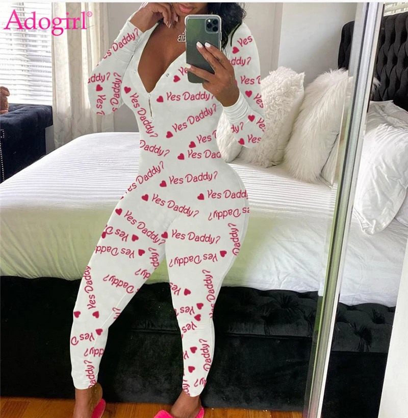 

Adogirl Fashion Letter Print Women Jumpsuit Buttons V Neck Long Sleeve Skinny Romper Casual Overalls Tracksuit Onesies