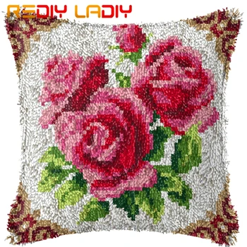 

Latch Hook Cushion Three Red Rose Pre-Printed Canvas Cushion Cover Acrylic Yarn Crocheted Pillow Case Hobby & Crafts Home Decor