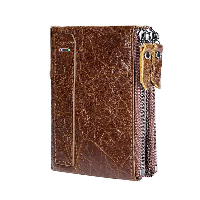 

RFID anti-theft brush head layer cowhide wallet Retro double zipper coin purse