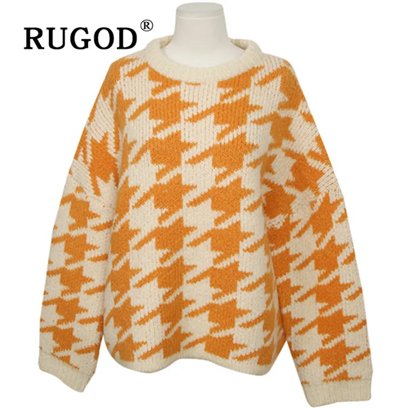 RUGOD, винтажный Желтый Клетчатый свитер, пуловеры для женщин с круглым вырезом, толстый Свободный вязаный свитер, корейская мода, Женская туника