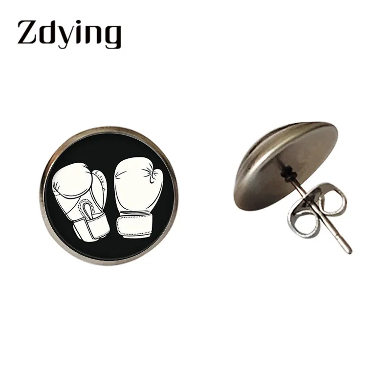 

ZDYING Fashion Boxing Gloves Stud Earrings Glass I Love Boxing Image Cabochon Woman Men Earring Punk Jewelry Gift BX010