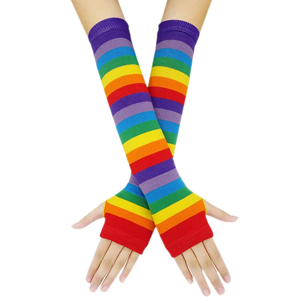Punk Gothic Rainbow Striped Gloves Long Arm Leaky Finger Mittens Fashionable Stunning Colorful Glove Теплые перчатки |