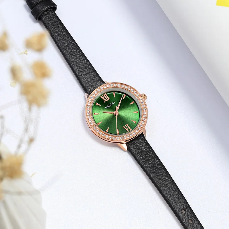 MEGIR женские часы Reloj Mujer Green Face кожаный ремень роскошь женские часы с бриллиантамы женские Relogio Feminino женские часы