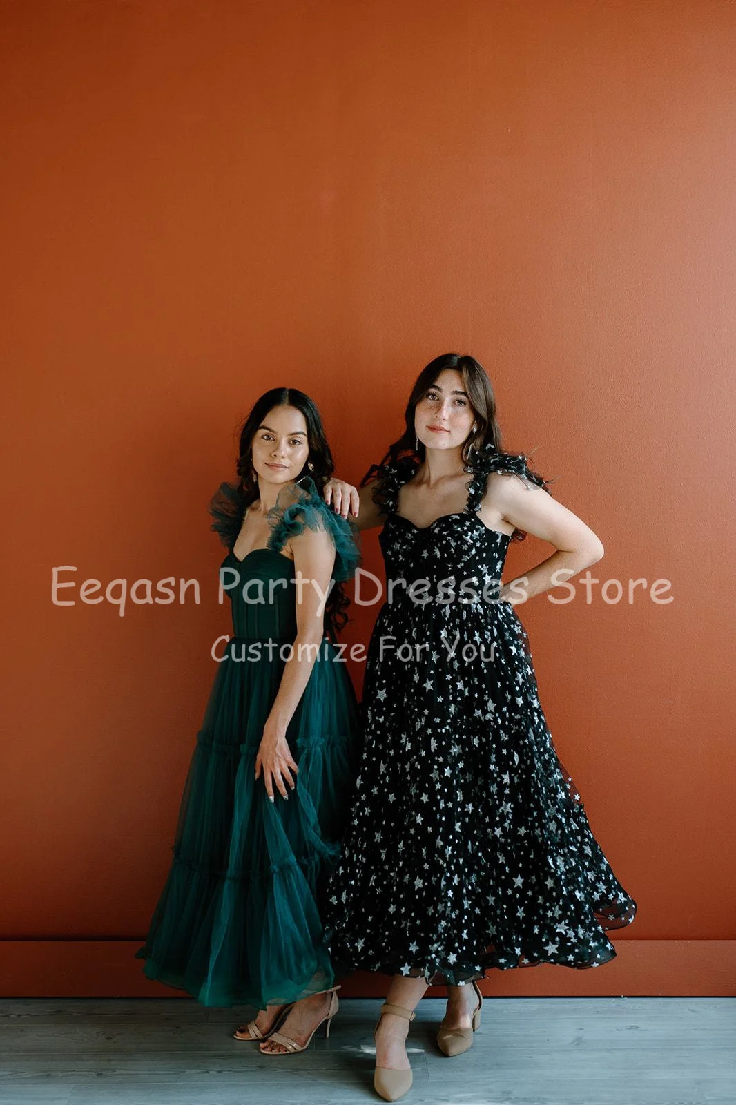 Eeqasn Simple Dark Green Midi Prom Dresses Spaghetti Straps Tiered Tulle Prom Gowns Sweeheart Ankle-Length Wedding Party Dress rose gold prom dress