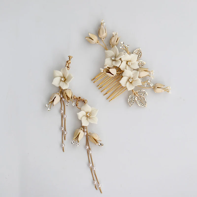 Бохо фарфор земля цветок волос бижутерия для декорирования свадебная прическа серьги "Гребень" набор головной убор