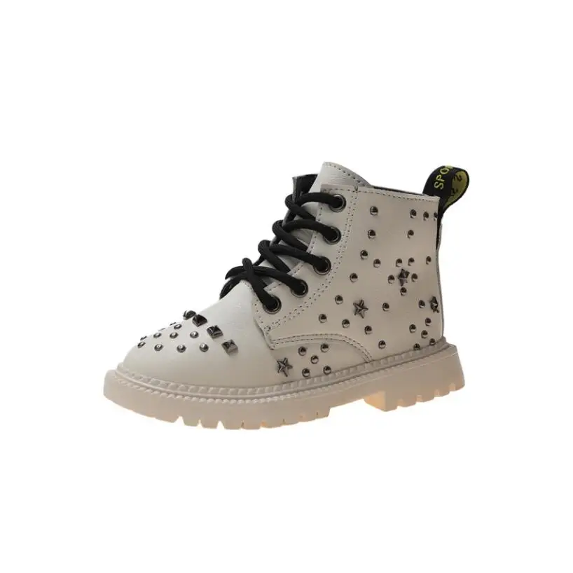 Детская повседневная обувь; зимние ботинки martin с заклепками; обувь для мальчиков; модные кожаные мягкие Нескользящие зимние ботинки для девочек; спортивная обувь для бега; 21-30 - Цвет: White