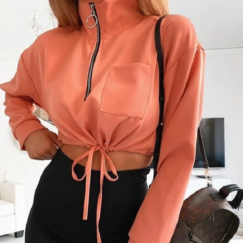

Autumn Hot Women Loose Sexy Pullover Turtleneck Solid Short Long Sleeve Stand Collar Zipper Coat Jacket Crop Tops Sudadera Mujer