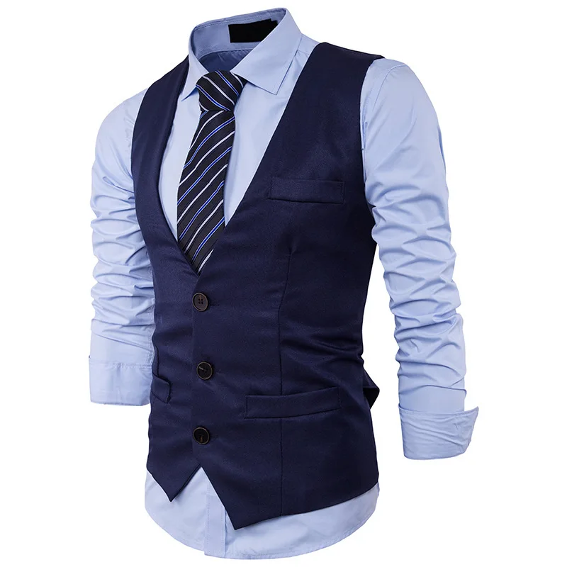 Стиль Мужская мода Slim Fit однорядные три пряжки сплошной цвет джентльмен костюм жилет M16