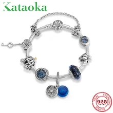 925 пробы Серебряный Браслет Из синих бусин для женщин CZ бусины сердце замок и ключ Браслеты femme модные ювелирные изделия