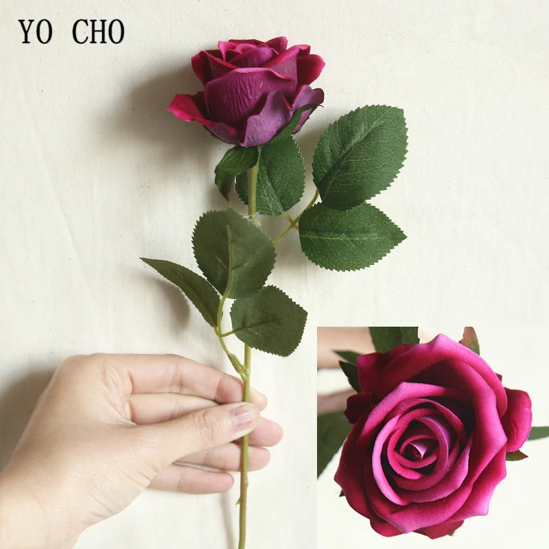 Rose-red 1 шт. Ткань розы Искусственные цветы французский фланелет Цветы Роза ветка для свадьбы, дома, вечерние, Осенние Декоративные искусственные цветы - Цвет: Rose-red