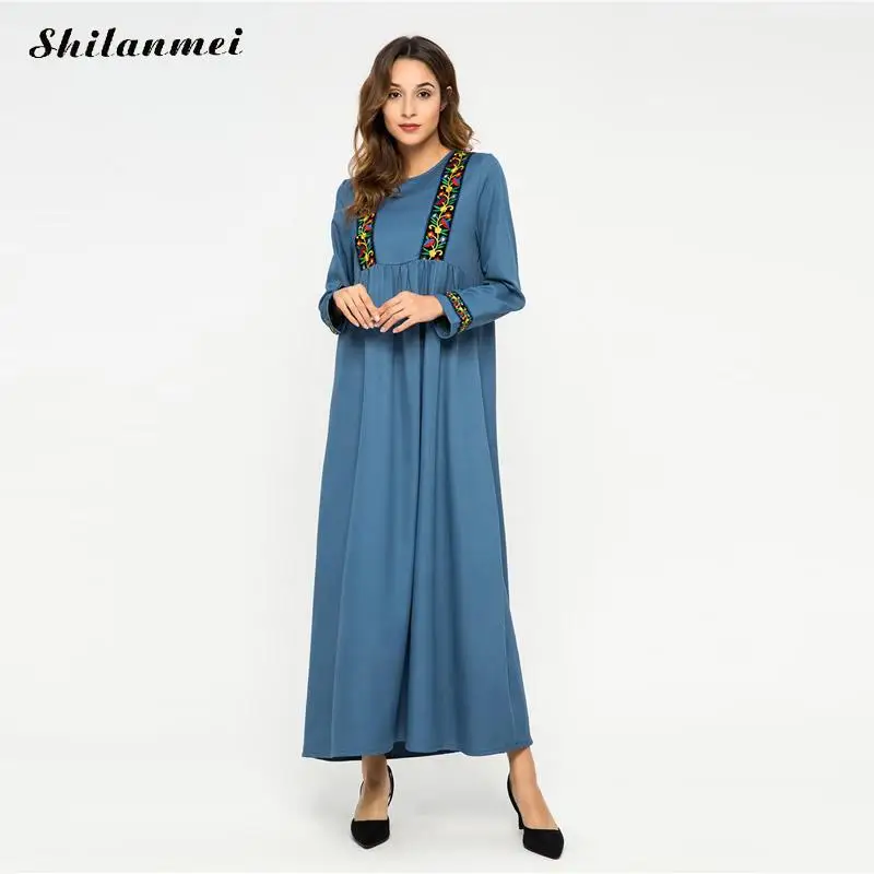 Вышитое Платье макси с длинным рукавом синее винтажное платье Vestido осеннее хлопковое длинное платье Элегантное цветочное женское мусульманское платье