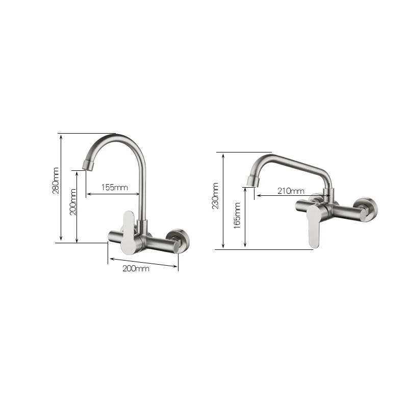 Kitchen Faucet Stainless Steel Bathroom Basin Sink Tap Wall Mounted 360 Degree Swivel Double Hole Hot Cold Water Mixer Tap Crane