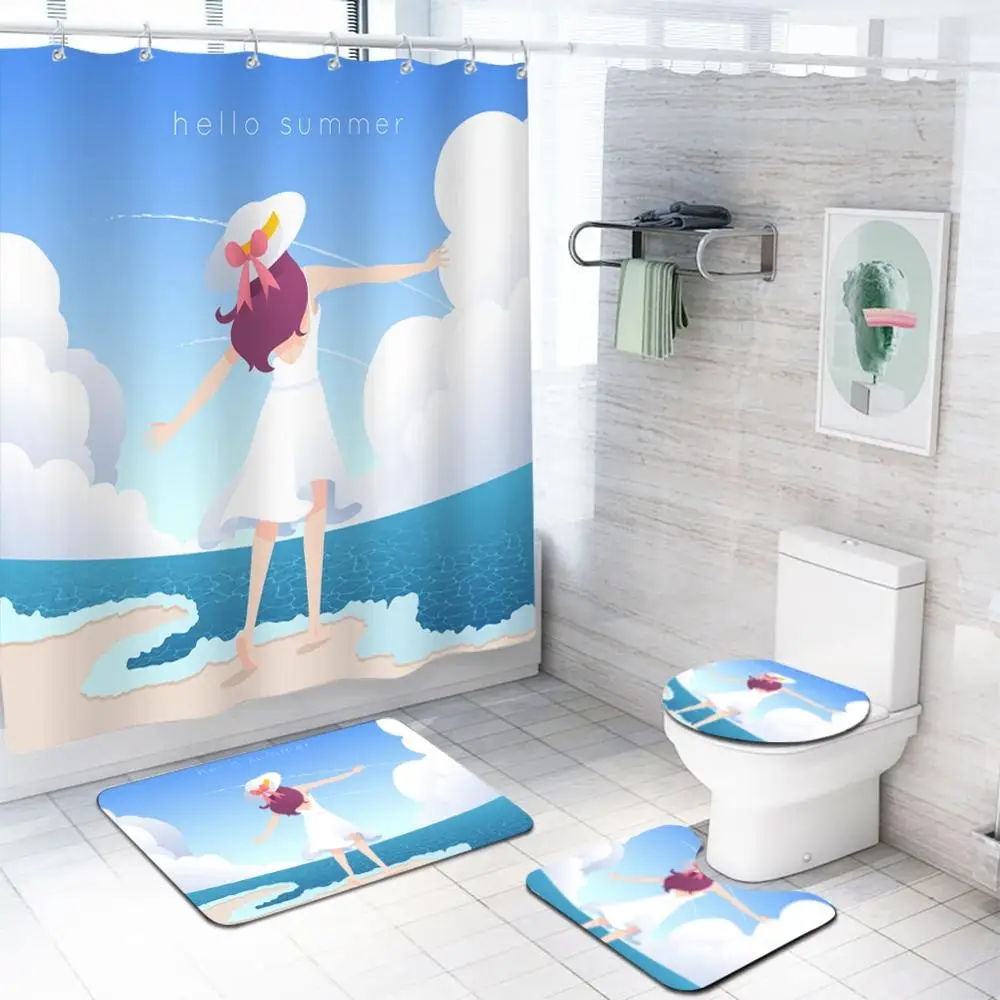 

Cartoon Character Landscape Pattern Waterproof Shower Curtain Mildew Proof Carpet Four-Piece Combination Home Decoration