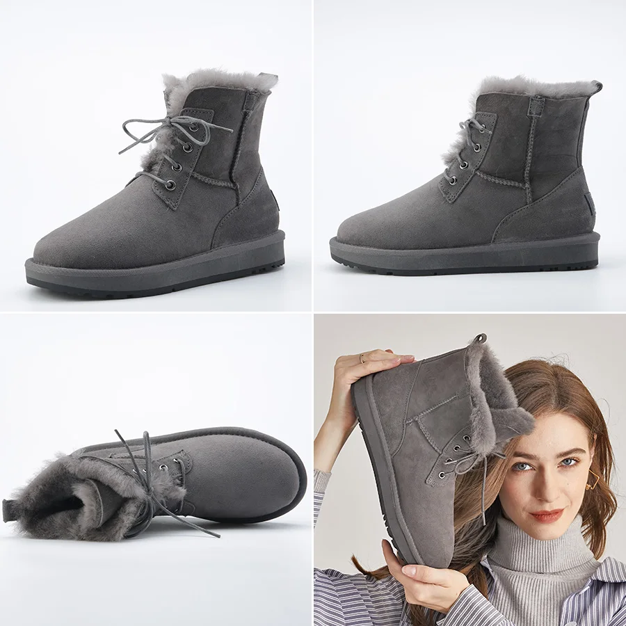 INOE Fashion Sheepskin Suede Leather Sheep Natural Wool Fur Lined Women Casual Short Winter Snow Boots Warm Shoes Waterproof