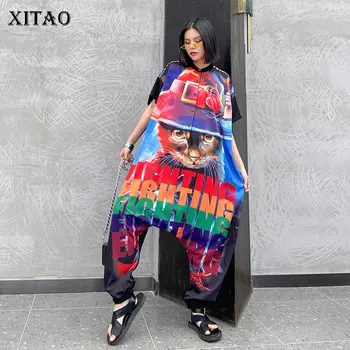 

XITAO Trend Hip Hop Jumpsuit Short Sleeve Plus Size High Waist Slim Printed Thin Section Streetwear Women Clothes 2020 XJ4909