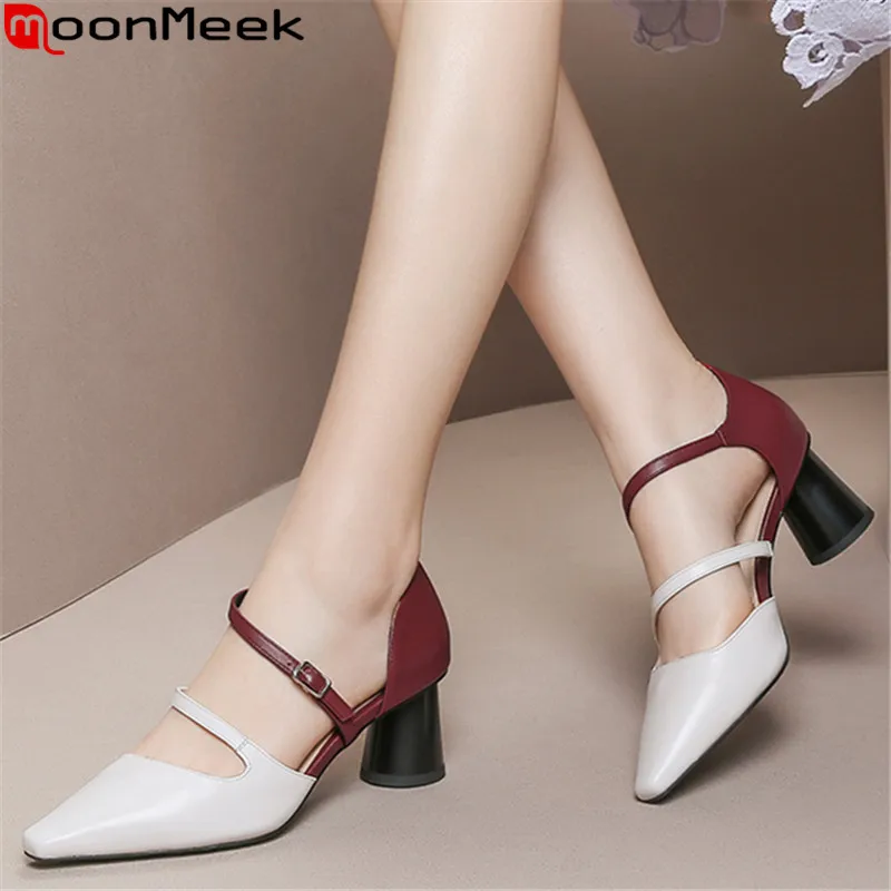 

MoonMeek 2020 plus size 33-43 summer high heels shes genuine leather buckle women pumps pointed toe elegant party shoes