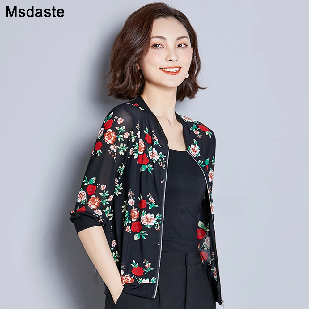 

Women's Jackets Plus Size Short Female Coat Zipper 3/4 Sleeve Polka Flower Dot Leopard Spring Autumn Coats Women Bomber Jacket