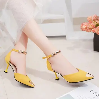

Sandals women's summer hollow one-word button fine heeled heels women's sandals wholesale