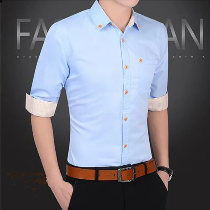 

2019 NEW Men's Button-down Shirt Chest Pocket Smart Casual Classic Contrast Standard-fit Long Sleeve Dress Shirts