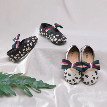 

Bowknot Leopard Kids Casual Single Shoes Girls Princess Shoes Flying Woven Children Shoes Breathable Summer Flats Dress Shoes