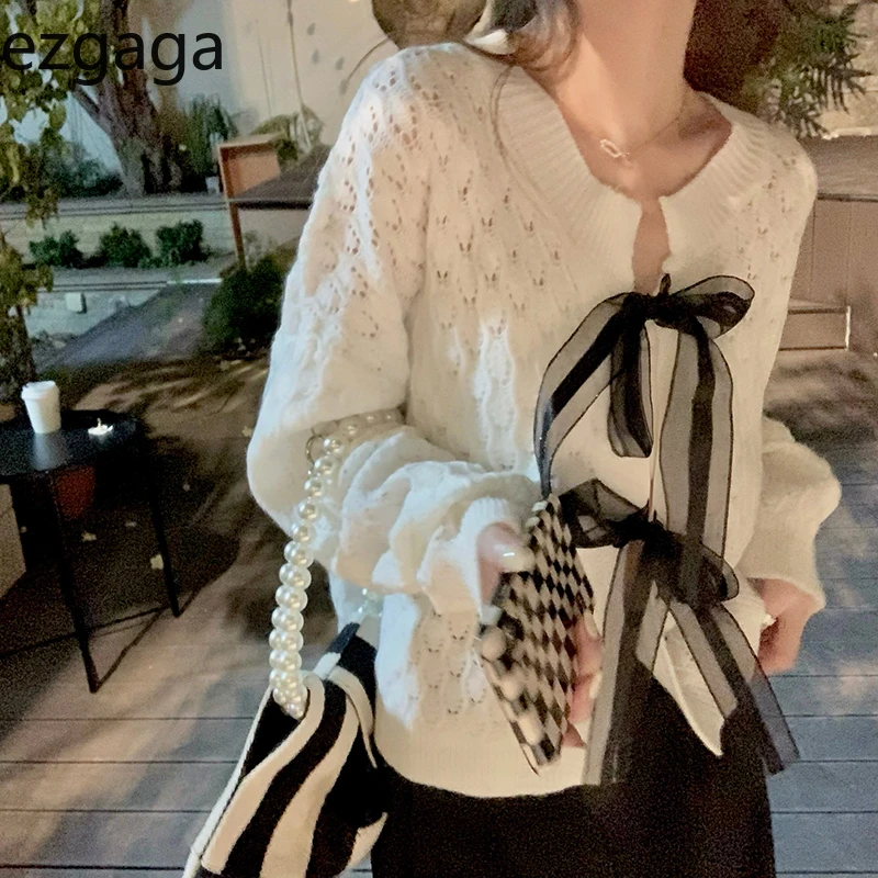 Женский трикотажный кардиган с длинным рукавом и бантом |