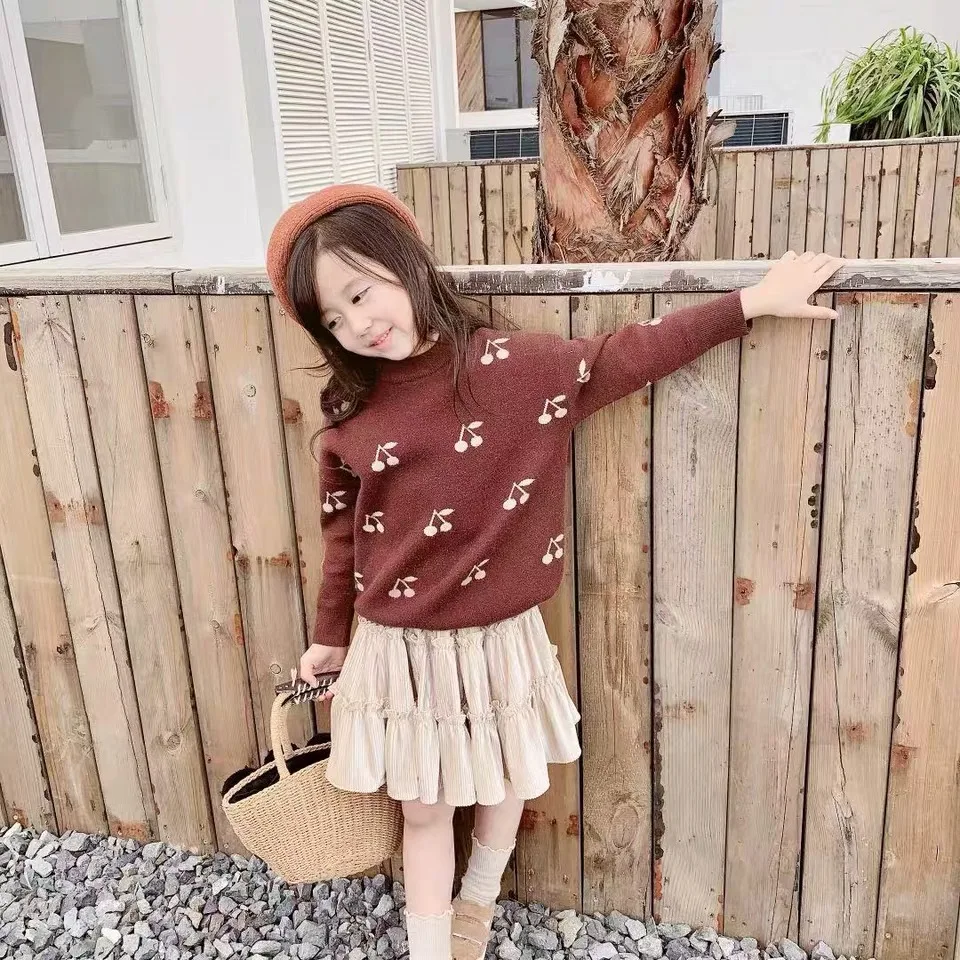 Модный свитер для маленьких девочек с рисунком вишни, весна-осень, вязаный пуловер, Повседневный свитер с длинными рукавами для девочек