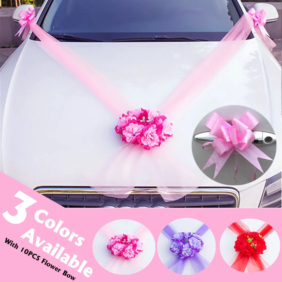 

5M Wedding Car Flower Ribbons Plate Bows Set Door Handle Rearview Bowknots Ornaments Set Simulation Car Decoration 3 Colors