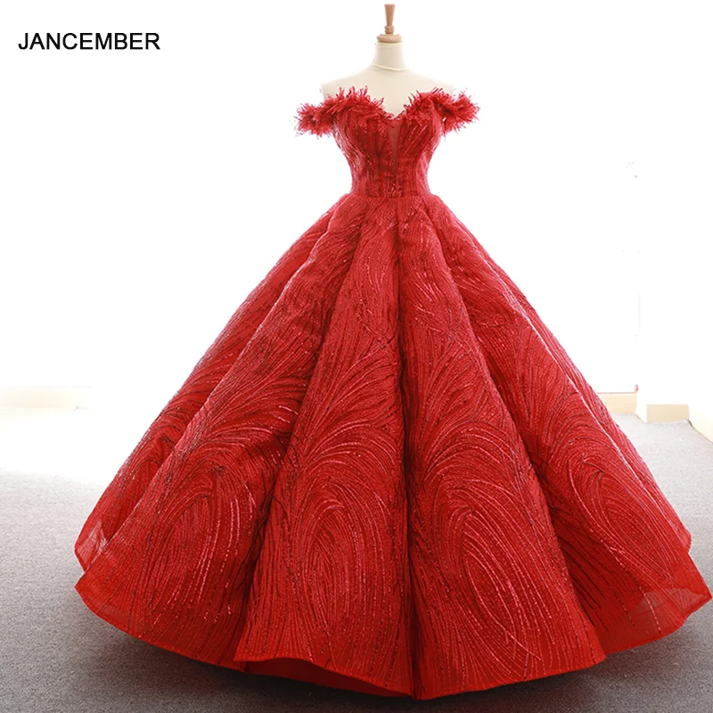 

RSM66597 red green and champagne floor length pleat evening dress with feather sweetheart lace up back puffy evening party dress