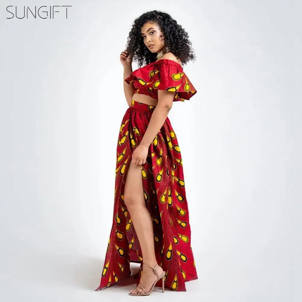 SUNGIFT/Вечерние платья Дашики с открытыми плечами, платье с цветочным принтом,, африканская Роба, длинное платье, 2 предмета, 1 комплект, вечернее платье Vestidos