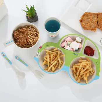 

5pcs children tableware set practical promotional gifts custom bamboo fiber kindergarten baby creative car tableware