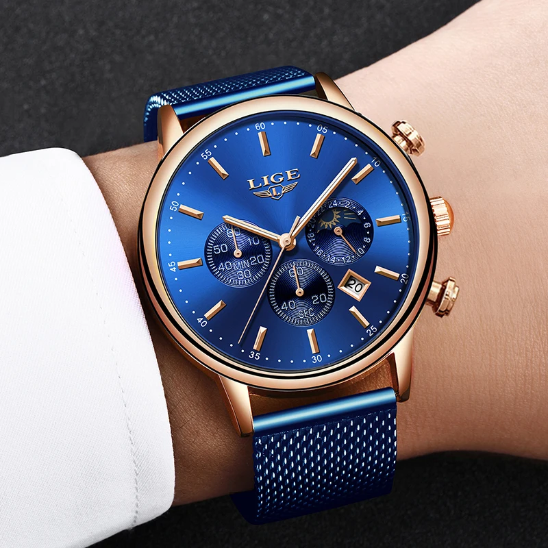 

LIGE Mens Watches Blue Mesh Belt Watch Men Top Brand Luxury Quartz Watch Men Fashion Sport Date Watch Relogio Masculino + Box