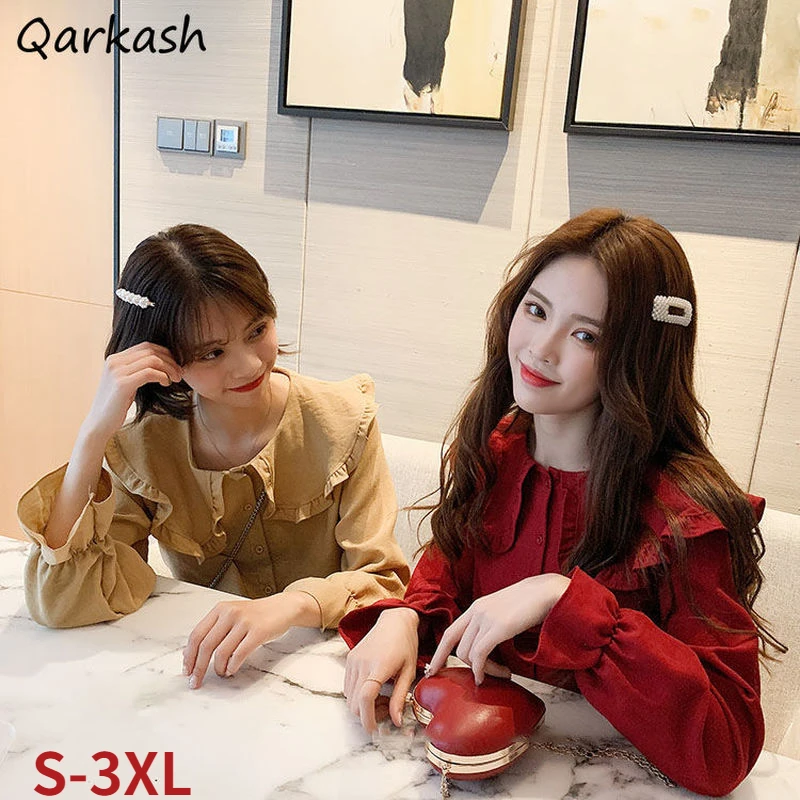 

Shirts Women Solid Peter Pan Collar Corduroy Autumn Loose Sweet Mujer Lovely Students Leisure Cozy All-match Friend Korean Style