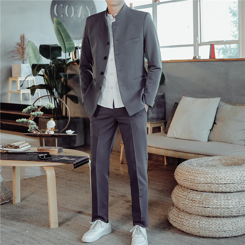 Чистый цвет мужской деловой костюм Slim Fit мужской костюм куртка и брюки Азиатский размер XL XXL XXXL 4XL модный воротник мужские свадебные костюмы