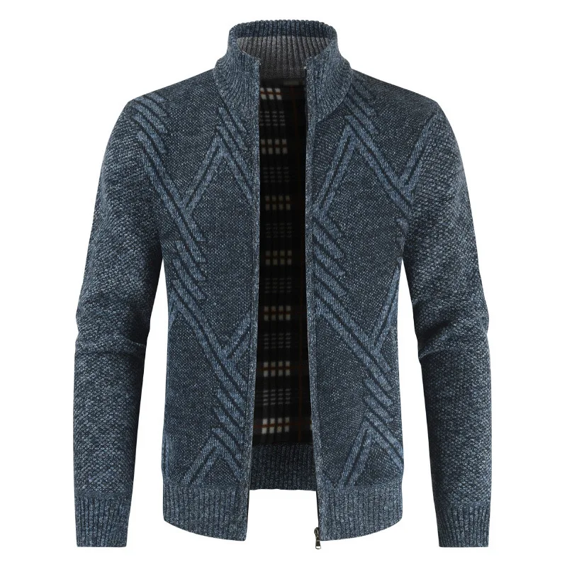 Stand collar knit jacket men's geometric pattern fashion slim trend Korean knit cardigan plus velvet warm sweater 2019 New Stand collar knit jacket men's geometric pattern fashion slim trend Korean knit cardigan plus velvet warm sweater 2019 New
