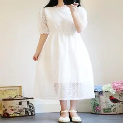 Mori Girl летнее женское белое кружевное длинное платье шикарное милое кружевное тонкое Vestidos Longo элегантное платье средней длины с коротким рукавом AE722