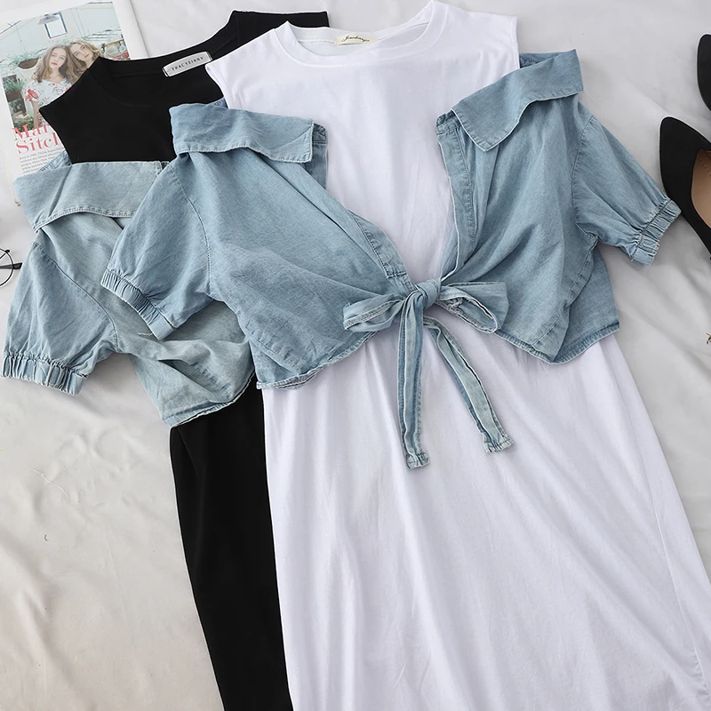

Women Denim T-shirt Dress Autumn Holiday Party Midi Dress Casual Fashion O Neck Elegant Jeans Patchwork Cotton Dress