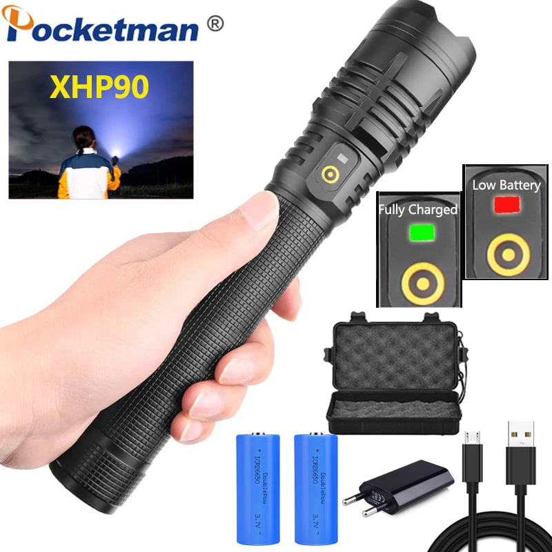 Яркий светодиодный фонарик P90 с зумом аккумулятором 18650 26650 мощный xhp90.2 usb