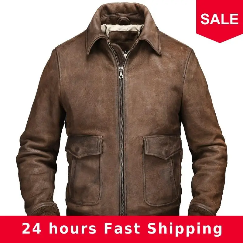 

2020 Vintage Brown Men Pilot Leather Jacket Plus Size XXXL Genuine Thick Cowide Russian Winter Slim Fit Aviator Leather Coat