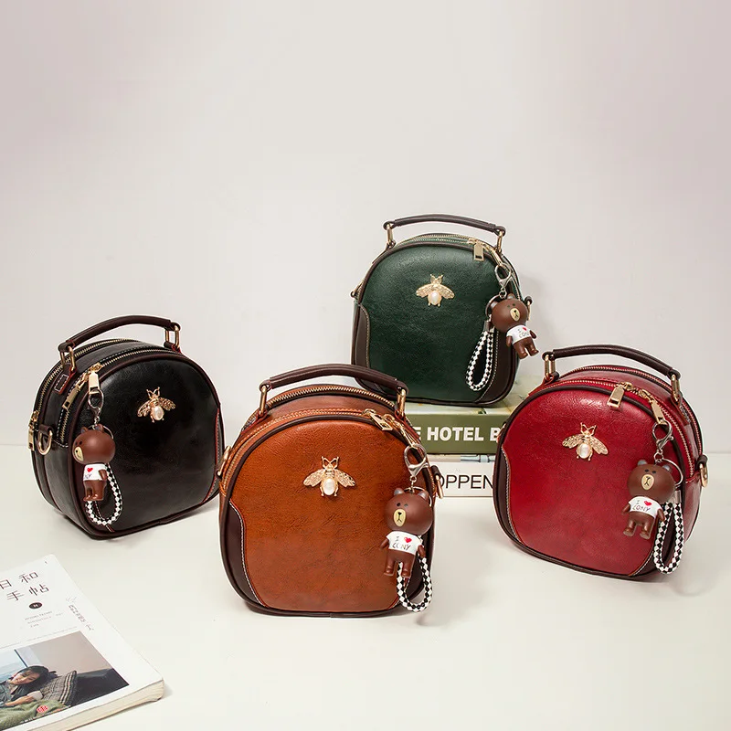 

Mini Bags Bee Small Round Retro-European and American Cowskin Bag 2019 New Hundred Sets of Fashion Women Bag