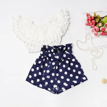 

Summer Polka Dot Shorts Fur Ball Top Girl Suit 2pcs cotton Shorts +Short sleeve