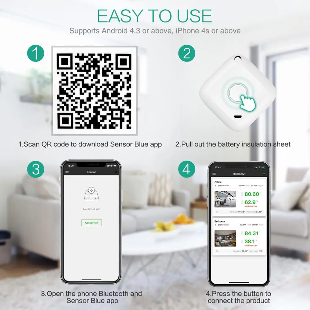 ORIA Wireless Thermometer Hygrometer Sensor Data Logger Digital C/F Indoor Outdoor Bluetooth Temperature Humidity Meter Alarm 4