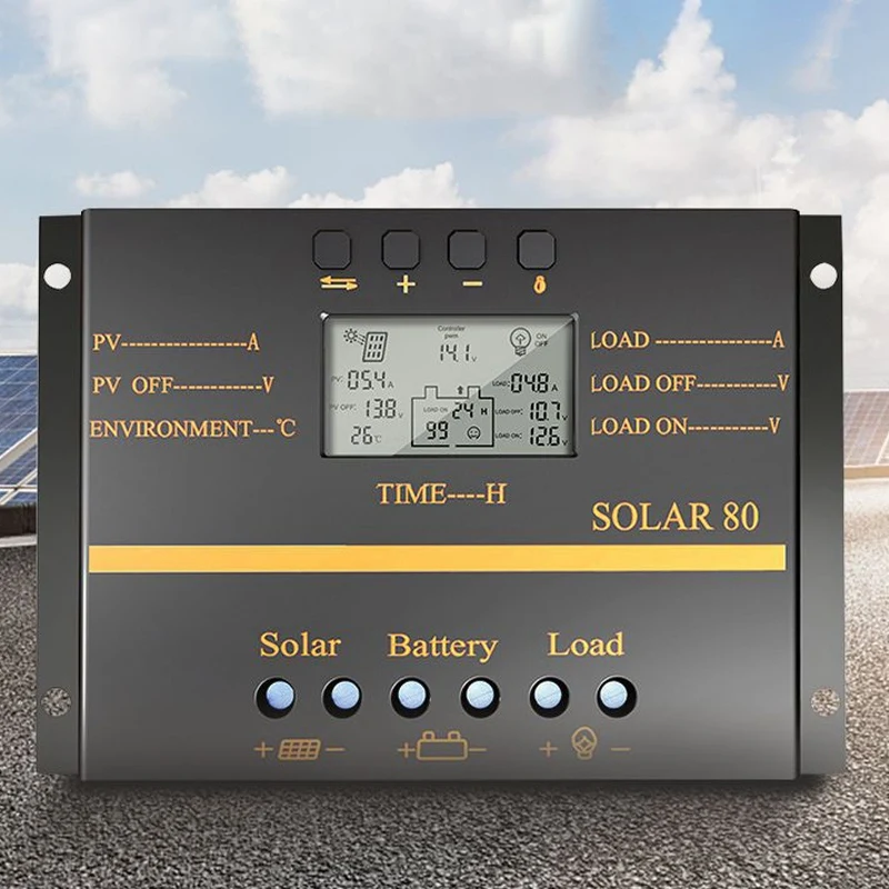 

Botique-80A PWM Solar Controller 12V 24V Auto Charger Controller LCD Display Solar Panel Battery Charging Regulator USB 5V