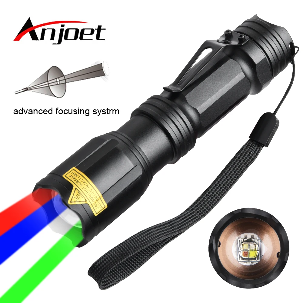 US $19.82 Anjoet Zoomable LED Flashlight Multifunctional Tactical Torch Red Green Blue White 4 Color In 1 Hunting Fishing Lamp Flash 18650