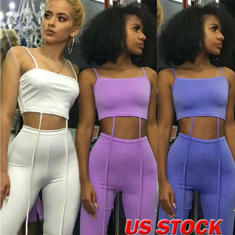 Women Crop Tops+Pants Set Bodybuilding Two Piece Sets Clothing Workout Bodycon Tank Top Breathable Fitness Leggings Tracksuit | Женская