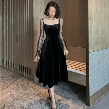 

Autumn and Winter Women's Sexy Net Yarn Stitching Velvet Long-sleeved Sdress Black Dress Spirng Mid-long Dress NS1805
