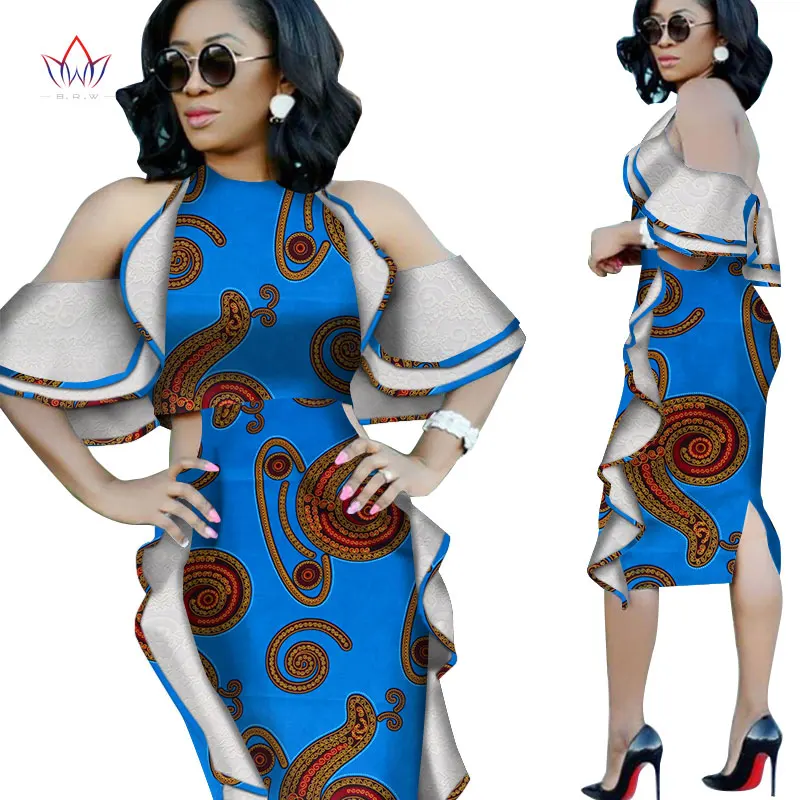 Новая мода Дашики африканские платья для женщин Базен Riche Анкара принт с открытыми плечами кружевные платья Женская африканская одежда WY4976 - Цвет: 16