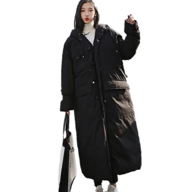 

Long Jacket Women Winter Parka Loose Warm Down Cotton Coat Female Thick Padded Oversize Hooded Long Sleeve Winter Jacket Q1849